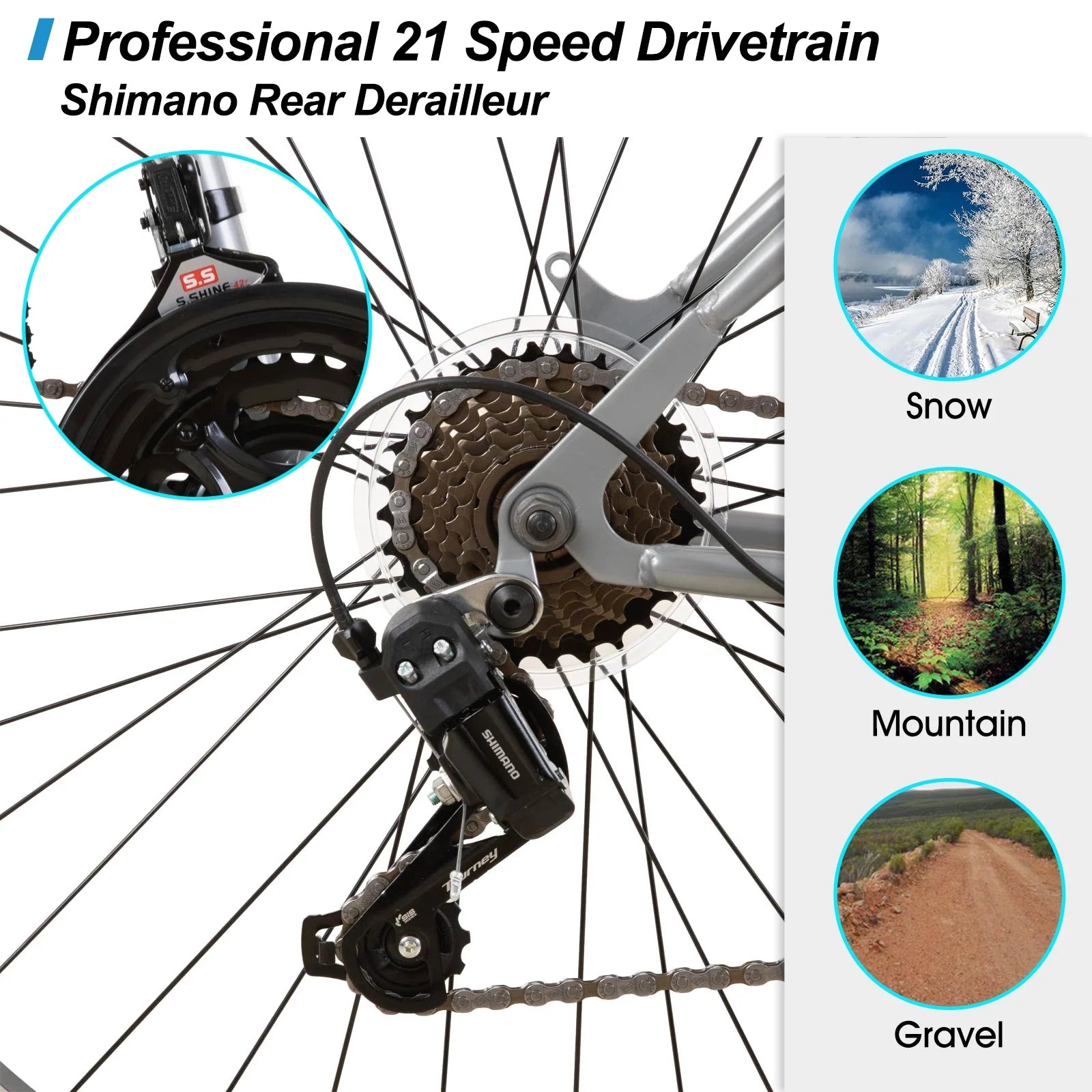Hiland 26 27.5 29 in Mountain Bike, Mens Womens MTB with 21 Speeds, High - Tensile Steel Frame, V Brake - Product image 14