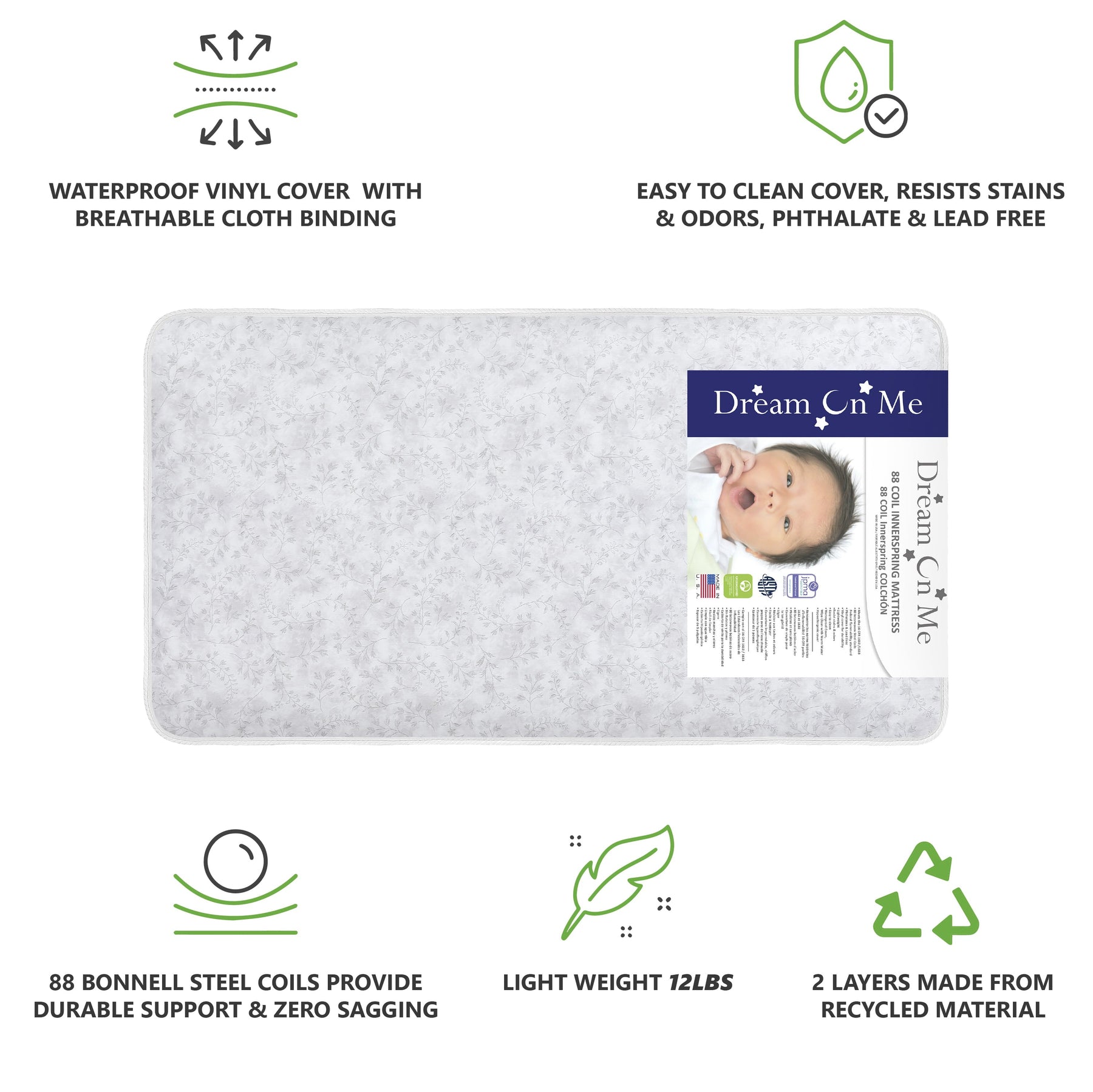 on Me Twinkle 5 88 Coil Crib and Toddler Mattress. Morning Mist Floral. Greenguard Gold Certified - Product image 3