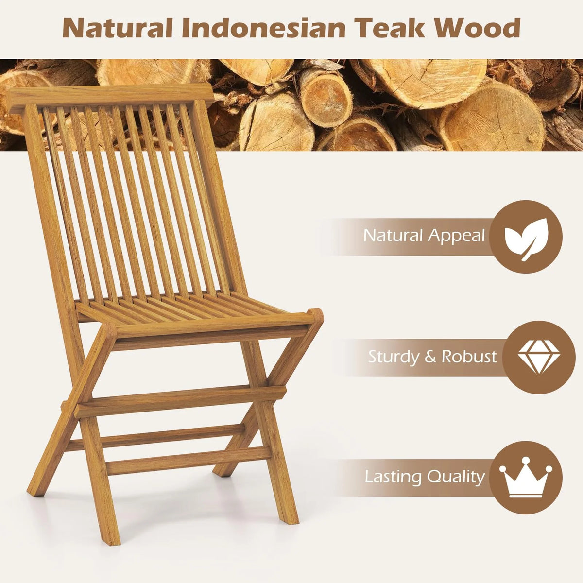 Tangkula Patio Folding Chairs Set of 2/4, Outdoor Teak Wood Chairs w/Slatted Seat & Backrest - Product image 5