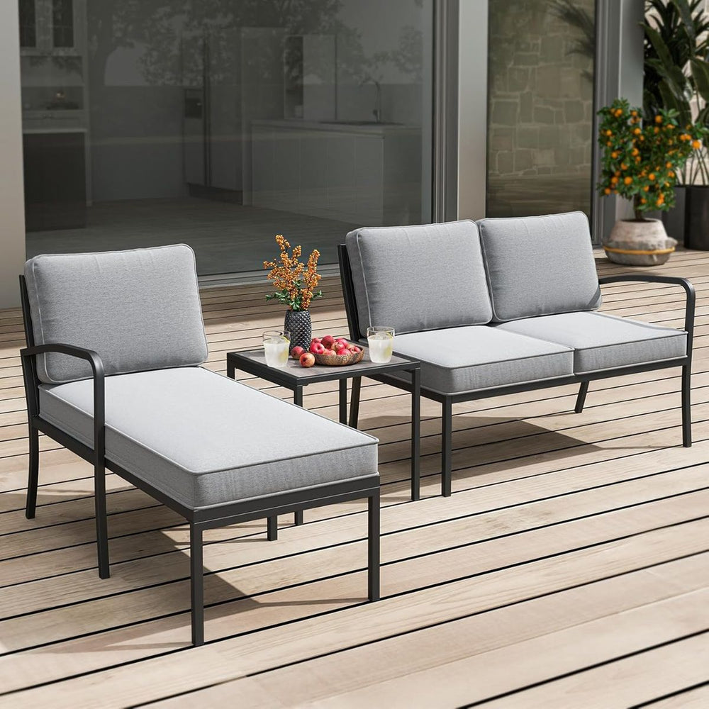 3 Piece Garden Furniture Set Outdoor Upholstered Sofa Set with Coffee Table Sturdy Metal Frame Gray