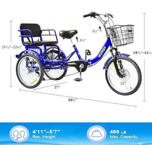 Tricycle 7 Speed, 20 inch 3 Wheel Bikes Folding Tricycle for Adults Star Strip Blue - Product image 5