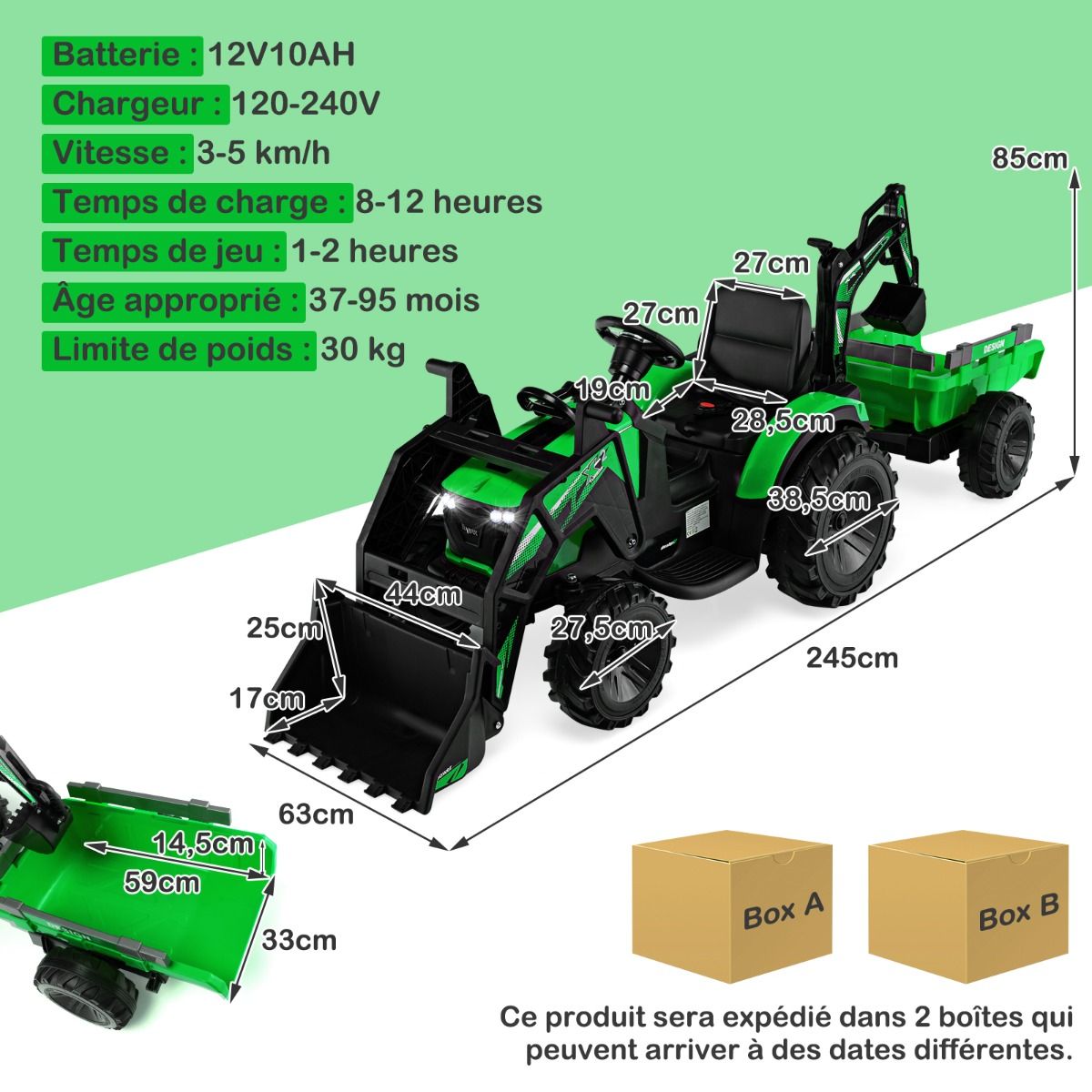 12 V Electric Tractor for Children 3-5 km/h MP3 USB Remote Control Green/Yellow -