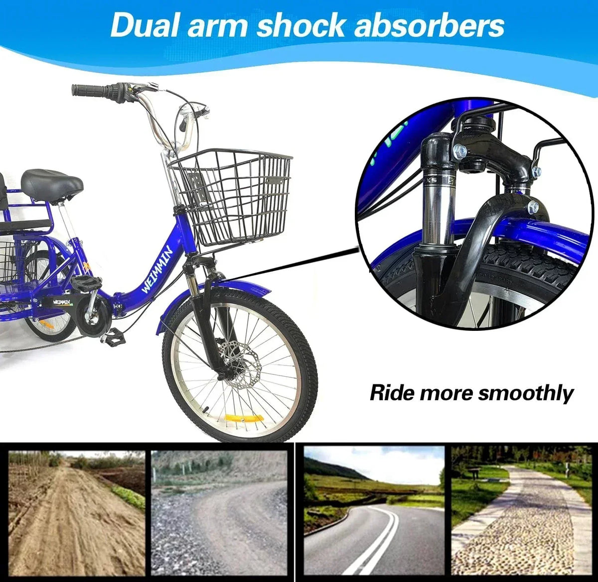 Tricycle 7 Speed, 20 inch 3 Wheel Bikes Folding Tricycle for Adults Star Strip Blue - Product image 3