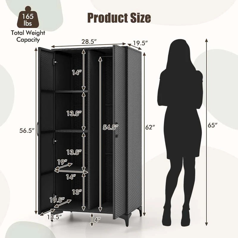 62" Tall PE Rattan Wicker Wardrobe Closet Storage Cabinet with 2 Doors, Hanging Rod, 4 Storage Cubes - Product image 9