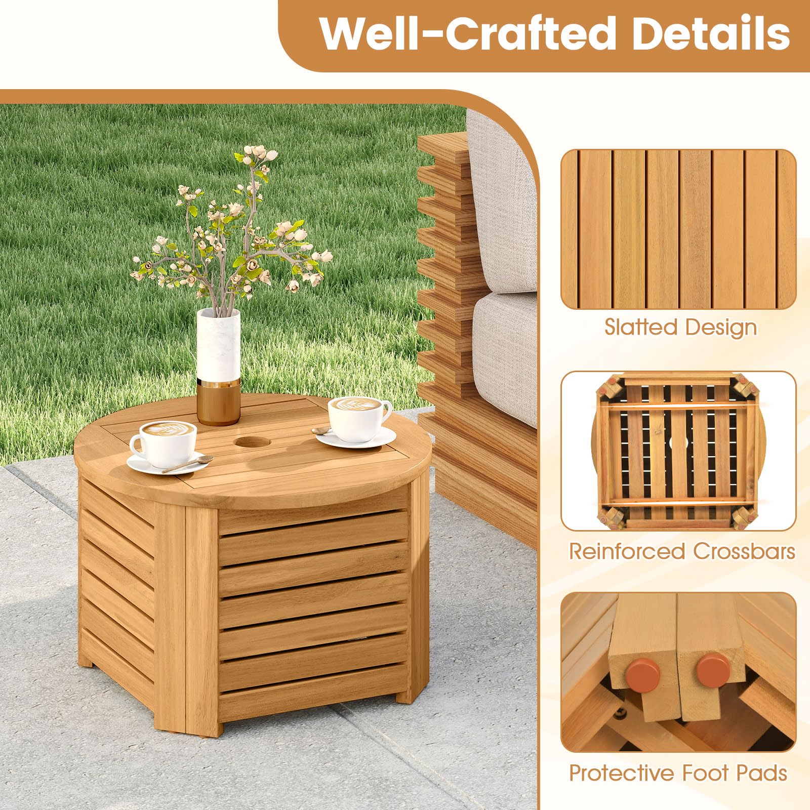 Tangkula 2-in-1 Outdoor Side Table with Storage Acacia Wood Slatted Coffee Table Square and Round Slatted - Product image 6