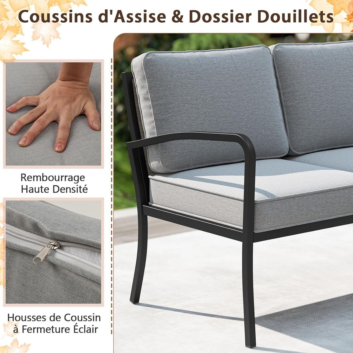 3 Piece Garden Furniture Set Outdoor Upholstered Sofa Set with Coffee Table Sturdy Metal Frame Gray -