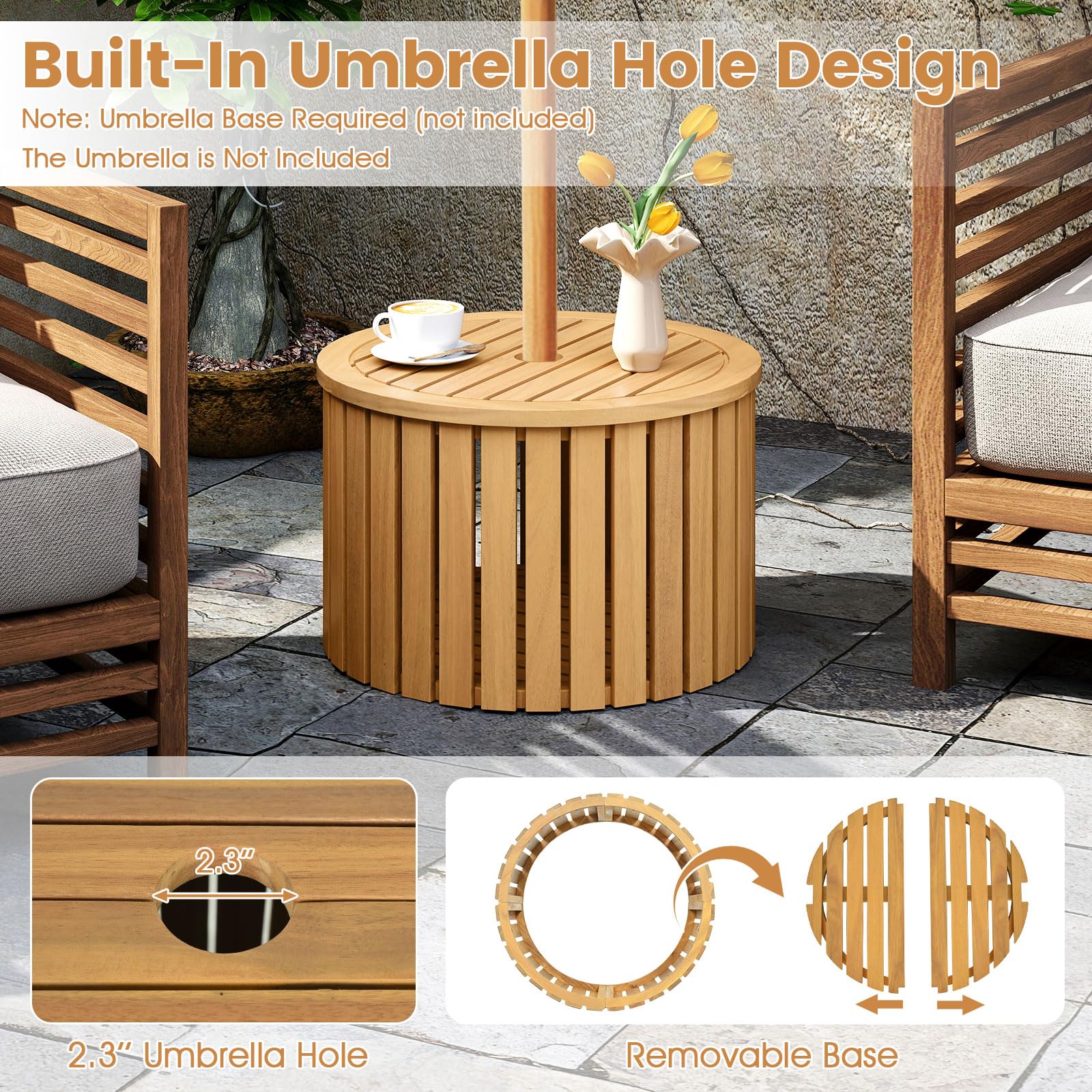 Tangkula 2-in-1 Outdoor Side Table with Storage Acacia Wood Slatted Coffee Table Square and Round Slatted - Product image 5
