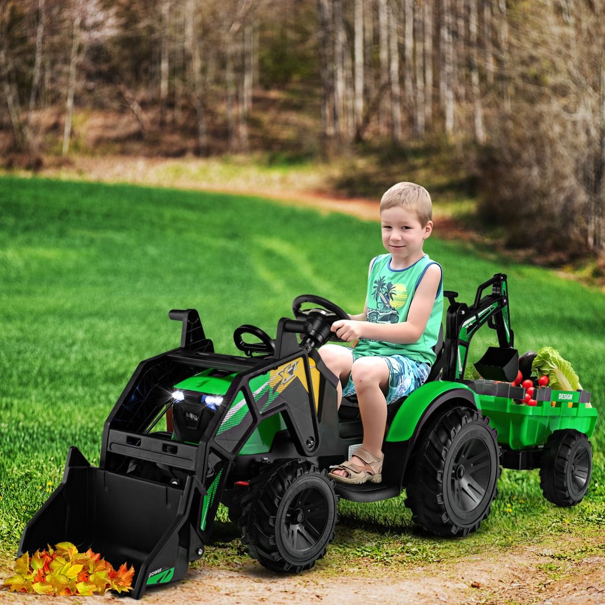 12 V Electric Tractor for Children 3-5 km/h MP3 USB Remote Control Green/Yellow -