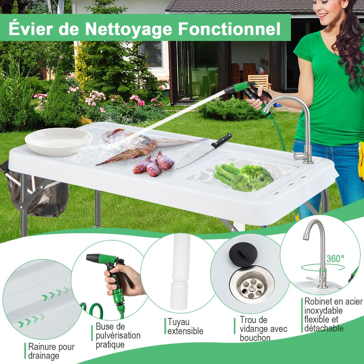 Folding Fishing Table with 360° Rotating Faucet Portable Camping Table for Cleaning Fish in Steel & HDPE with Sink and Grid Support Load 150KG -