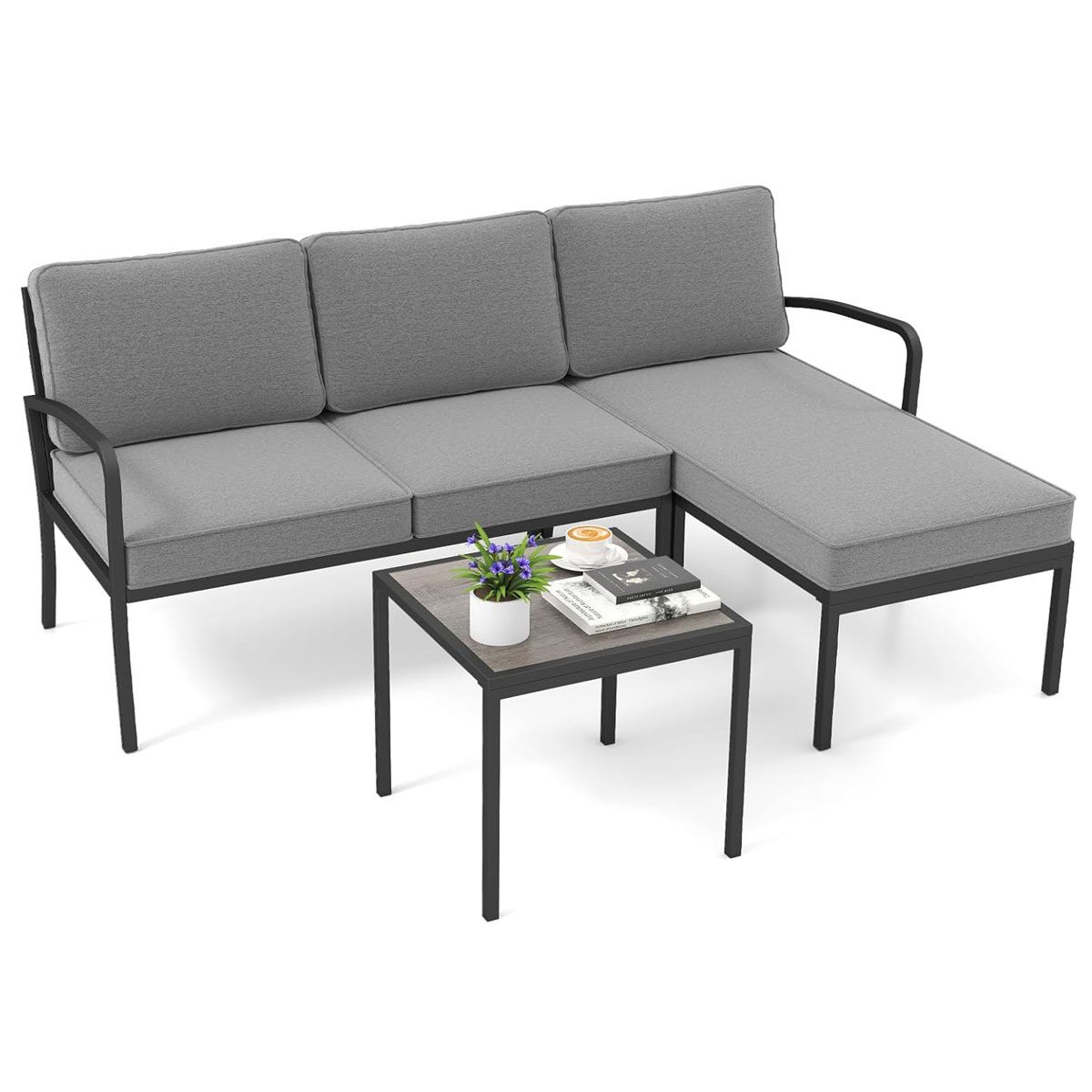 3 Piece Garden Furniture Set Outdoor Upholstered Sofa Set with Coffee Table Sturdy Metal Frame Gray -