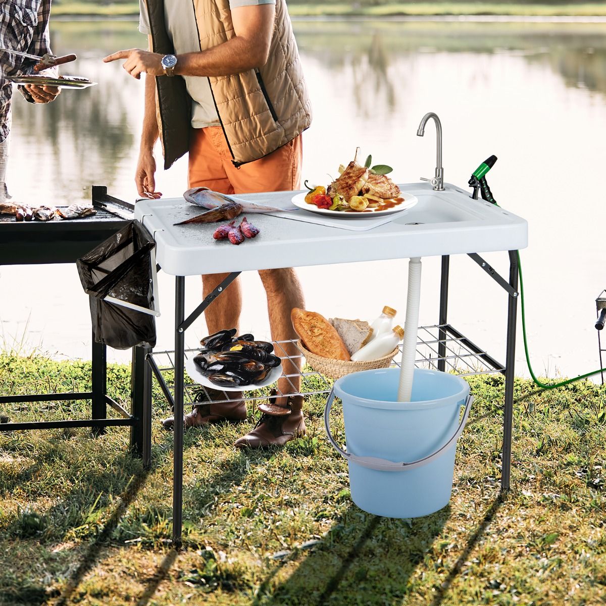 Folding Fishing Table with 360° Rotating Faucet Portable Camping Table for Cleaning Fish in Steel & HDPE with Sink and Grid Support Load 150KG -