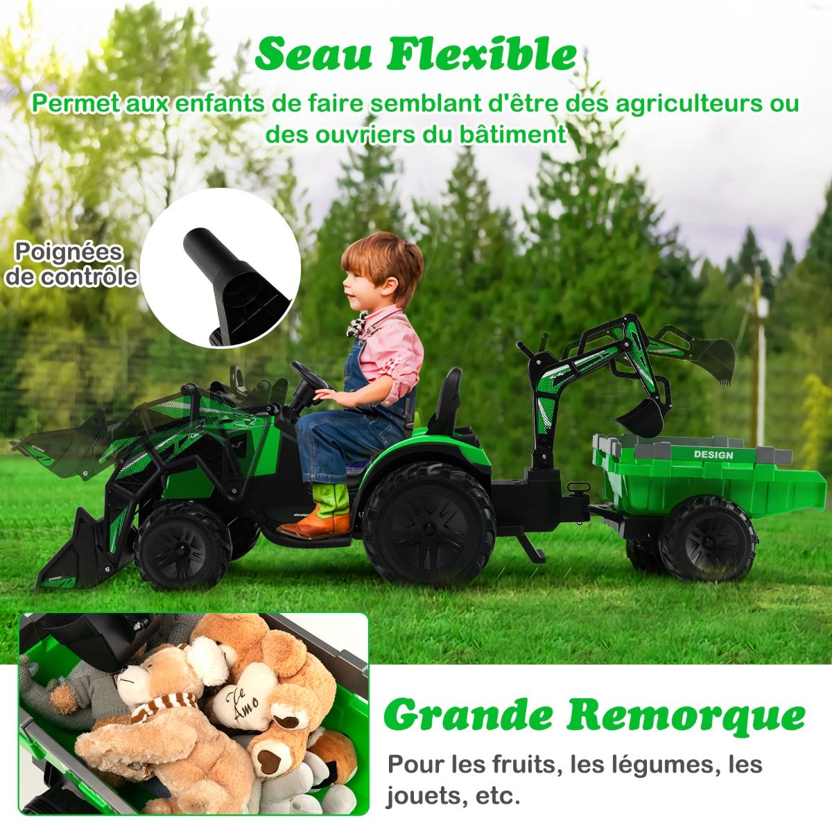 12 V Electric Tractor for Children 3-5 km/h MP3 USB Remote Control Green/Yellow -