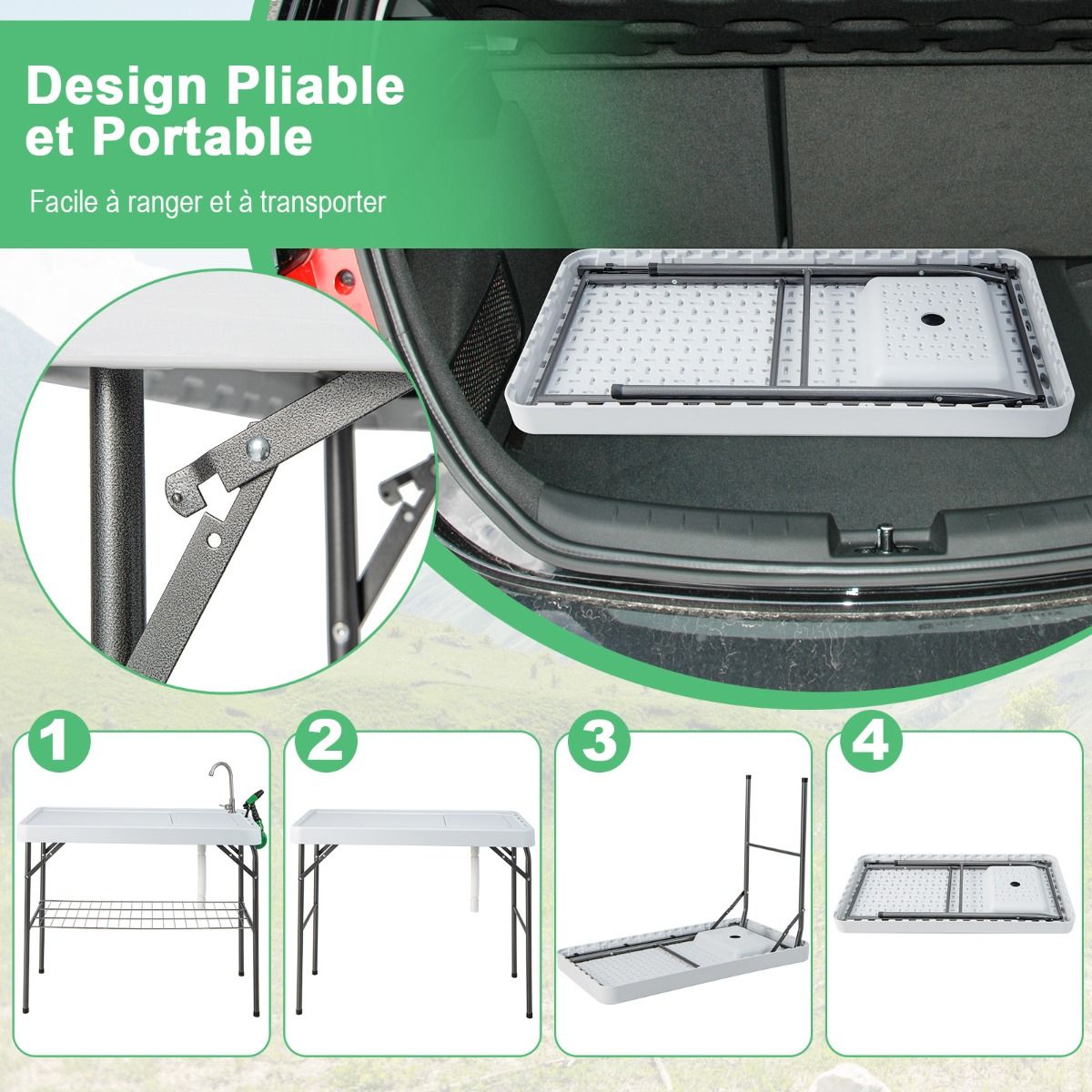 Folding Fishing Table with 360° Rotating Faucet Portable Camping Table for Cleaning Fish in Steel & HDPE with Sink and Grid Support Load 150KG -