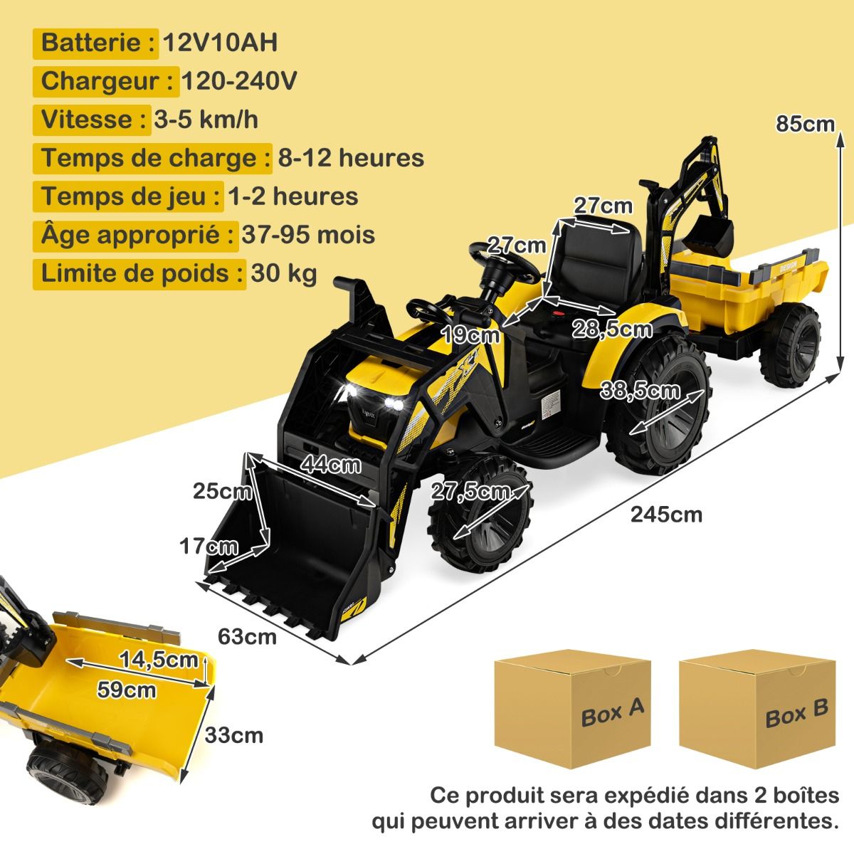 12 V Electric Tractor for Children 3-5 km/h MP3 USB Remote Control Green/Yellow -