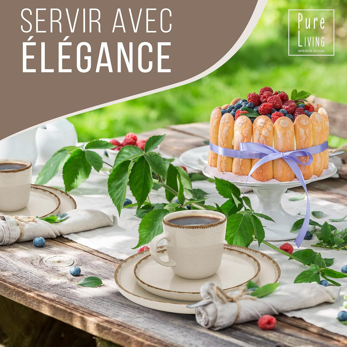Rustic Stoneware Dinnerware Set for 6 People 24 Pieces - Rustic Dinner Service, Dishwasher Safe - Set of Bowls and Plates - Pure Living Tableware in Beige