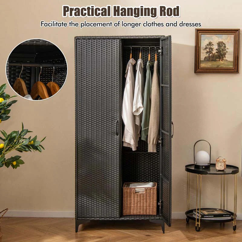 62" Tall PE Rattan Wicker Wardrobe Closet Storage Cabinet with 2 Doors, Hanging Rod, 4 Storage Cubes - Product image 5