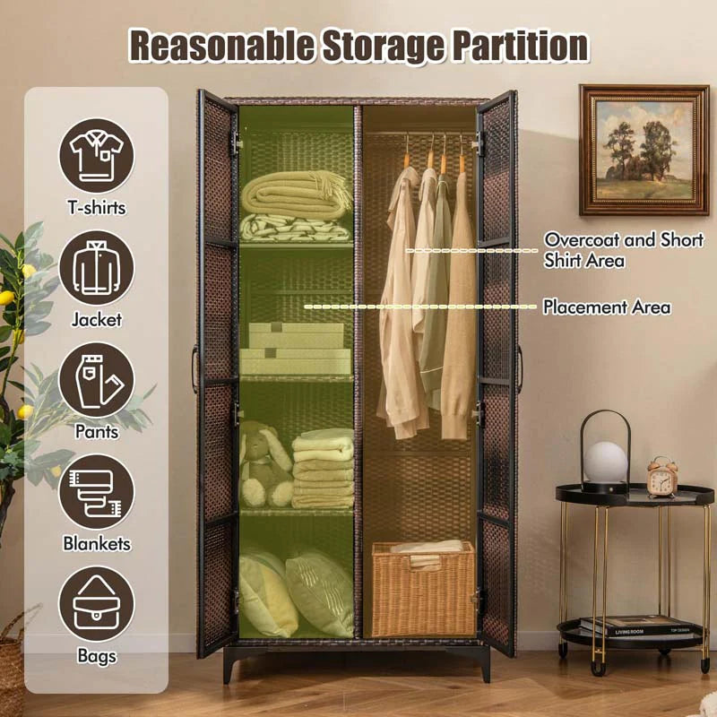 62" Tall PE Rattan Wicker Wardrobe Closet Storage Cabinet with 2 Doors, Hanging Rod, 4 Storage Cubes - Product image 13