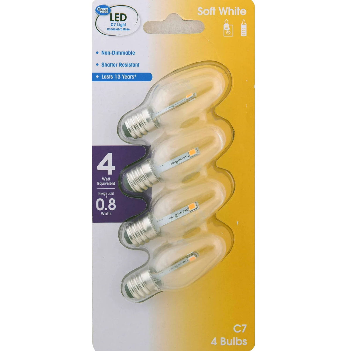 Great Value LED 0.75 Watts Soft White Clear C7 Candelabra Base Bulbs, 4 Count, Size: 4 Bulbs - Product image 1