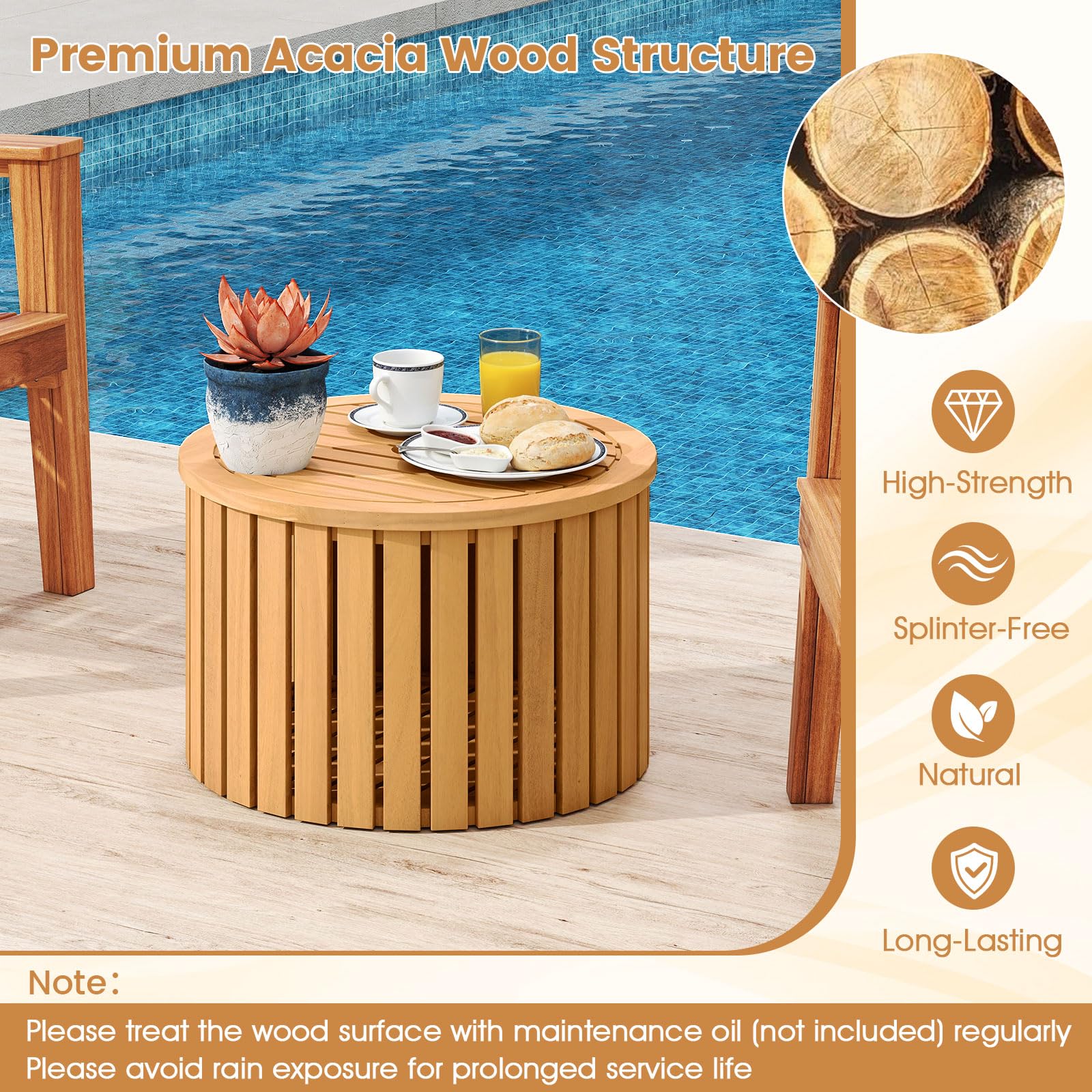 Tangkula 2-in-1 Outdoor Side Table with Storage Acacia Wood Slatted Coffee Table Square and Round Slatted - Product image 3