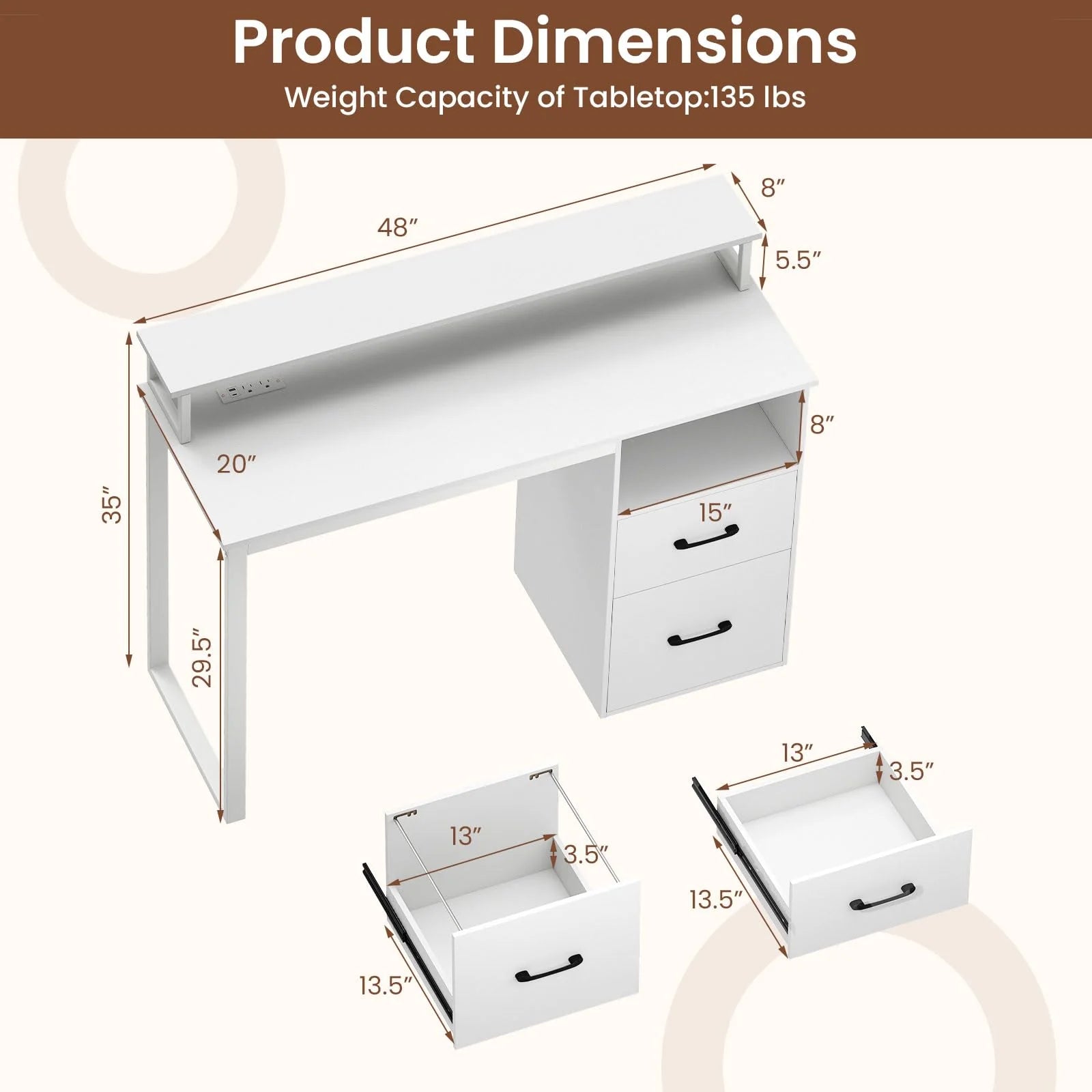 Tangkula 48" Computer Desk with 2 Storage Drawers & Power Outlets - Product image 3