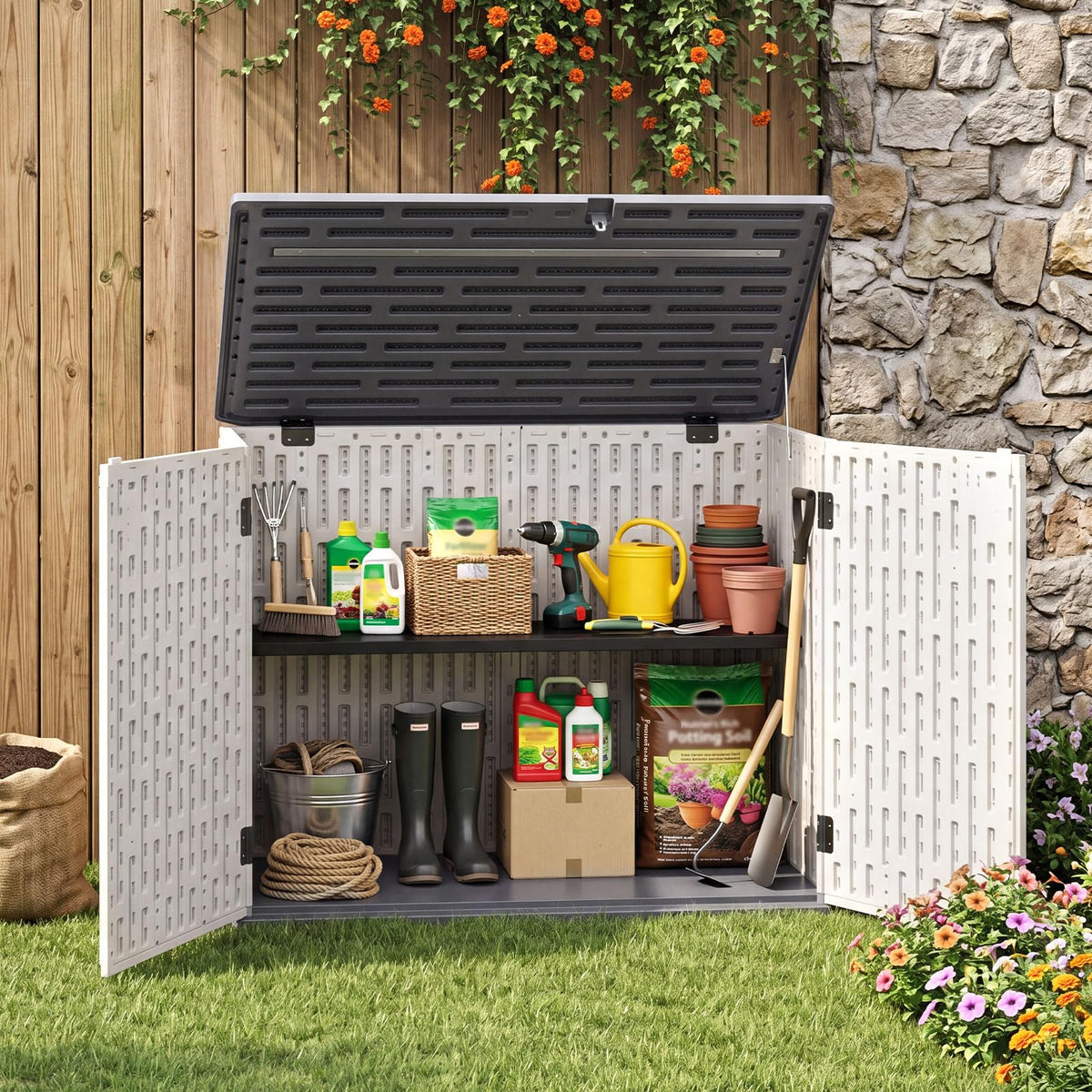 Tangkula Large Outdoor Storage Cabinet 20 Cu.Ft Horizontal Resin Storage Shed - Product image 2