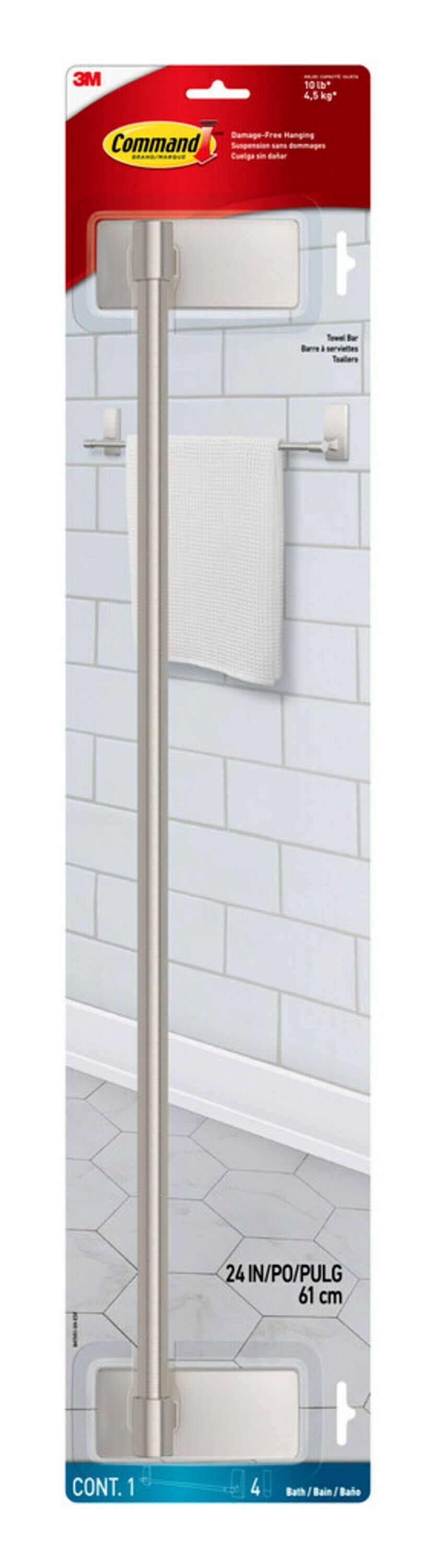 Command Bath Satin Nickel Towel Bar, 4 Large Strips - Product image 1